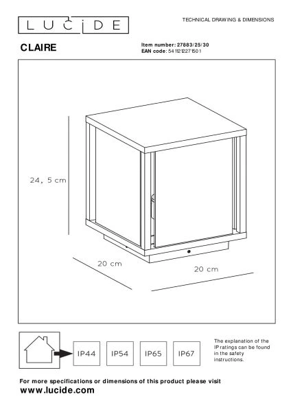 Lucide CLAIRE - Borne extérieur - 1xE27 - IP54 - Anthracite - technique